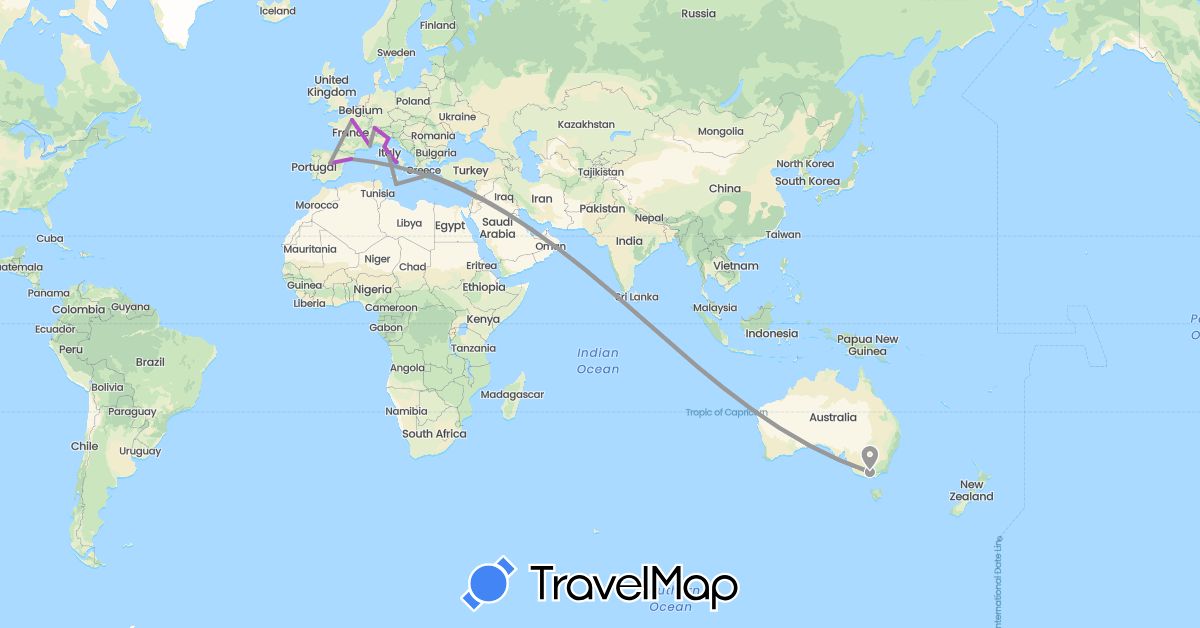 TravelMap itinerary: driving, plane, train, boat in Australia, Switzerland, Spain, France, Greece, Italy, Malta, Qatar (Asia, Europe, Oceania)